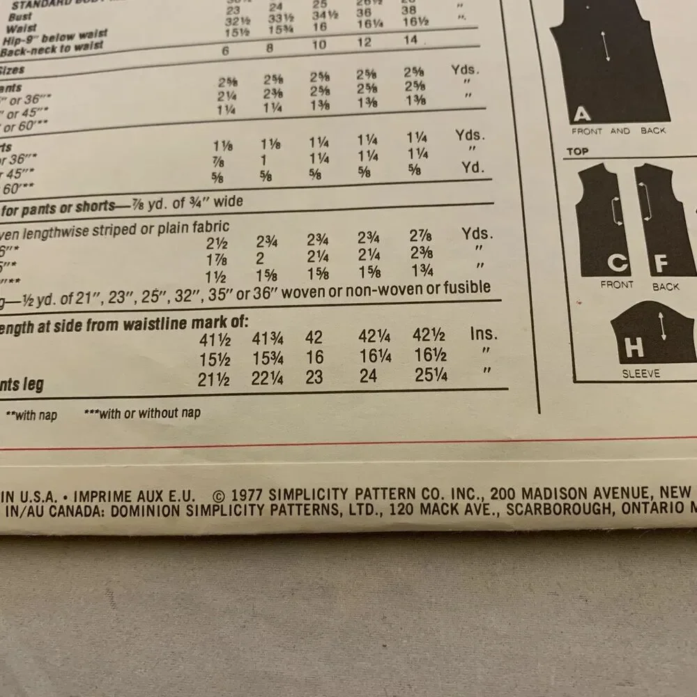 Simplicity Vintage 8077 Sewing Pattern Misses Pullover Top Pants Shorts Size 10